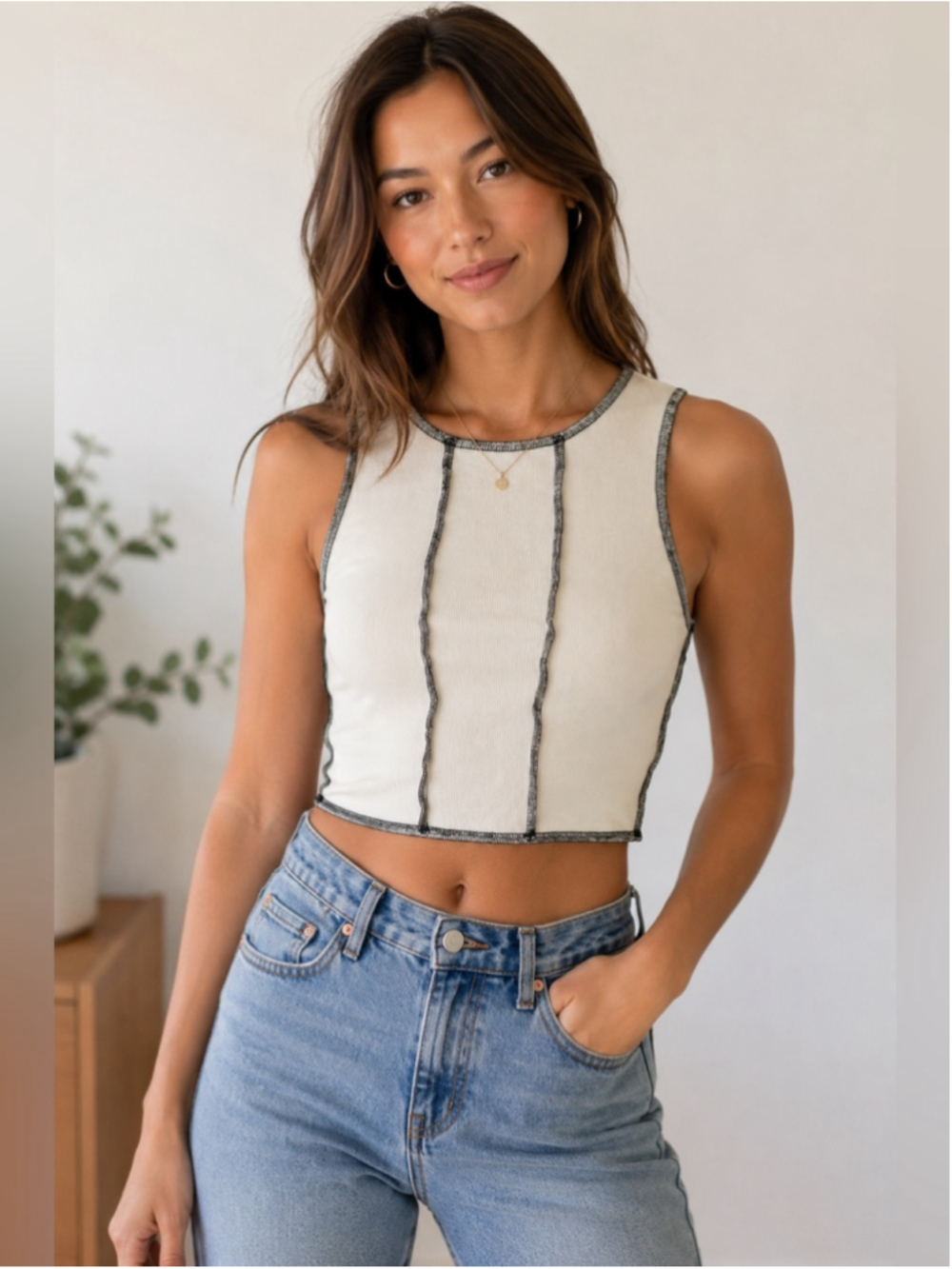 Garage Cream Ribbed Crop Top with Black Contrast Seams Size S Y2K Minimalist